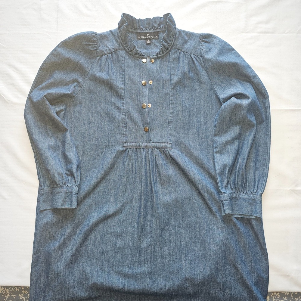 Pomander Place Chambray Claiborne Dress Ruffle Neck Gold Button Medium Size S - Picture 6 of 15